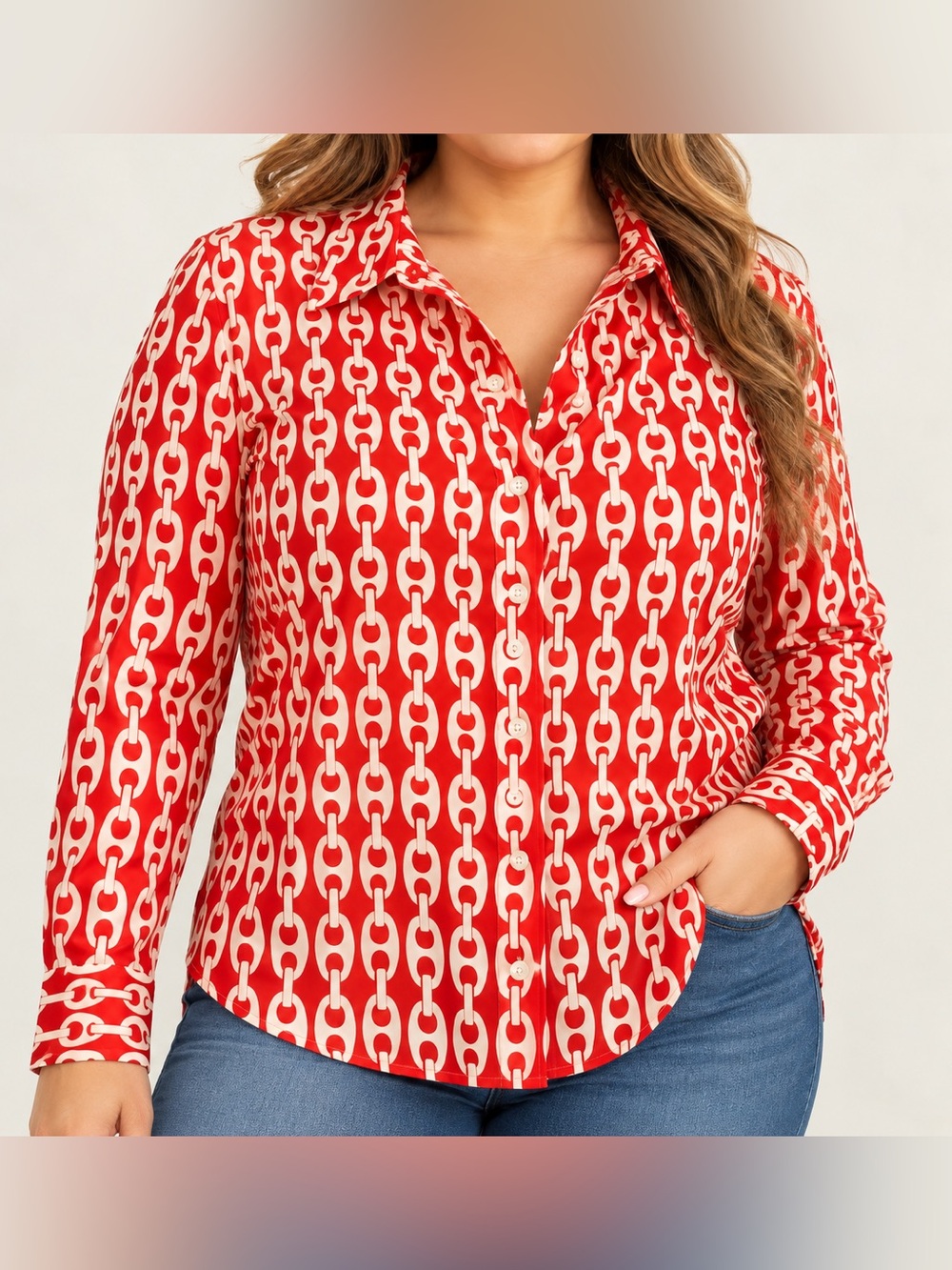 Jones New York Red and White  Chain-Print Button Down Long Sleeves Shirt Large